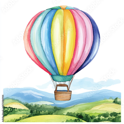 Cute cartoon watercolor A colorful hot air balloon