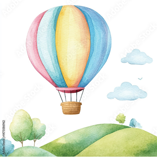  Cute cartoon watercolor A colorful hot air balloon