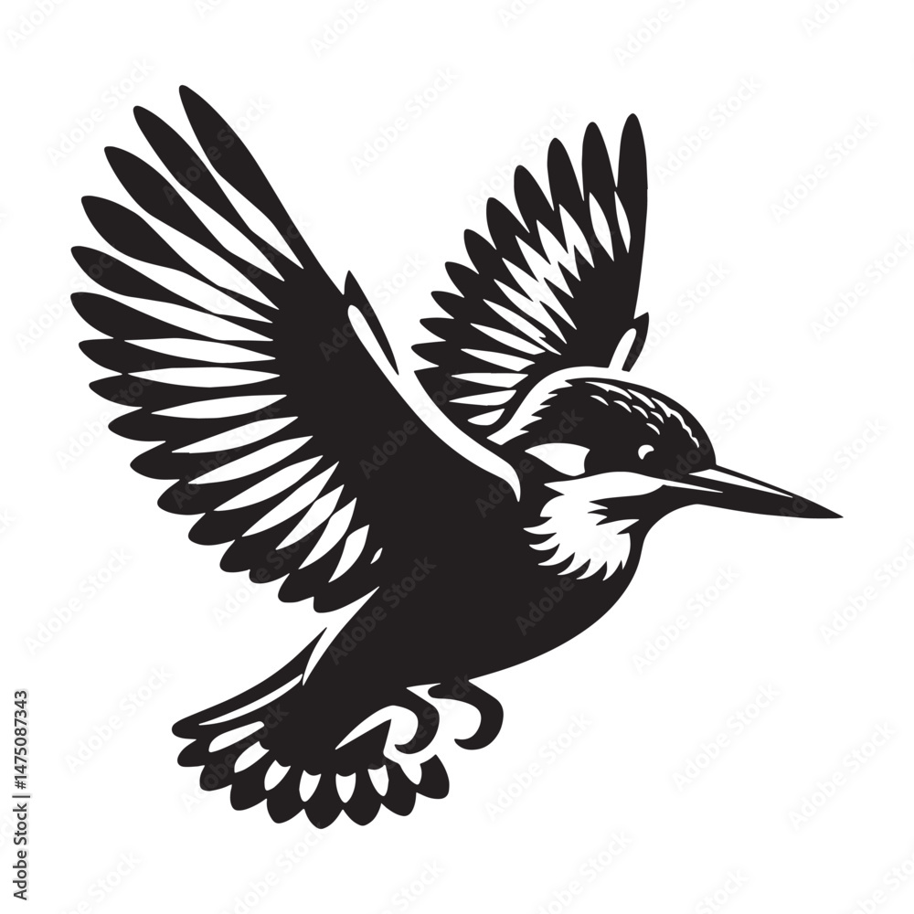 Obraz premium Streamside Kingfisher silhouette in stillness – Kingfisher illustration – Minimalist Kingfisher vector – Bird silhouette
