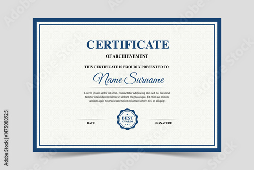 Modern elegant blue certificate template. Appreciation for business and education. Vector illustration