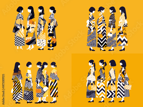 Kimono Collective: A vibrant collection of elegant women, each adorned in a unique kimono, comes together to display the beauty of japanese culture against a sun-kissed yellow canvas. 