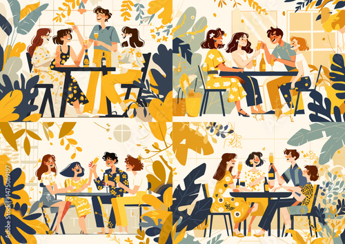 Joyful Gathering: A vibrant illustration depicting multiple groups of friends enjoying a lively gathering, filled with laughter, drinks, and cheerful companionship.