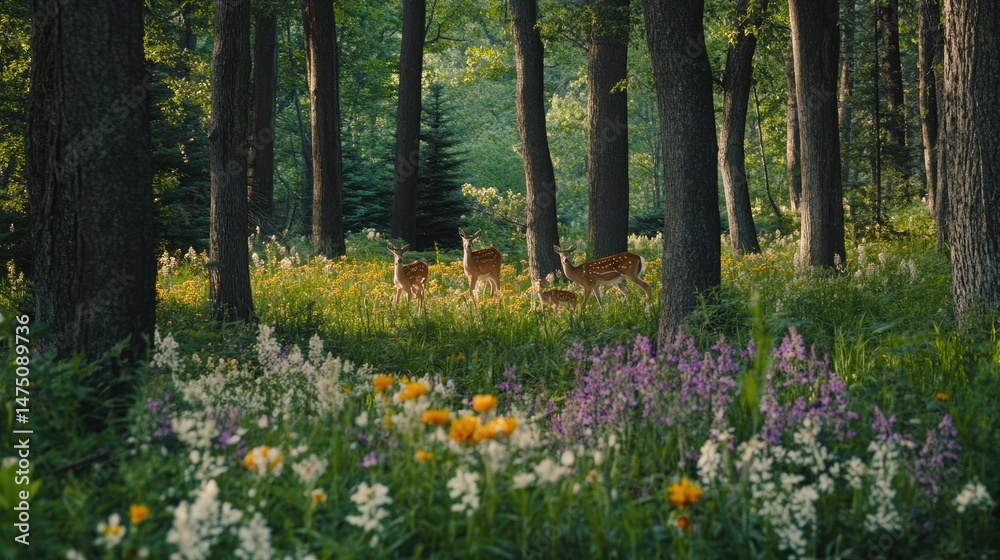 Obraz premium Enchanted Forest: Deer Family Amidst Blooming Wildflowers