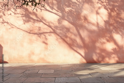 Light peach-colored wall with tree shadow, paving stones