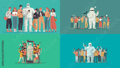 Digital Mummy: A group of people, captured from different angle, use their smart phones, while the figure wrapped in bandage. They are immersed in technology.