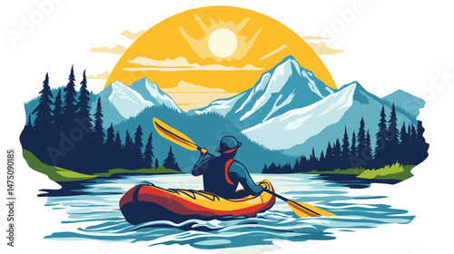 Vector Illustration for t-shirt of A kaykaker on wild river in mountain landscape, , isolated on white background, colorful illustrations, simple shapes, flat color. Outdoor adventure in wilderness. A