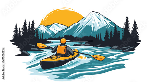 Vector Illustration for t-shirt of A kaykaker on wild river in mountain landscape, , isolated on white background, colorful illustrations, simple shapes, flat color. Outdoor adventure in wilderness. A