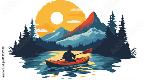 Vector Illustration for t-shirt of A kaykaker on wild river in mountain landscape, , isolated on white background, colorful illustrations, simple shapes, flat color. Outdoor adventure in wilderness. A