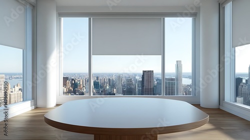 Bright modern office space with expansive city view  round table  minimalist interior design  clean lines.
