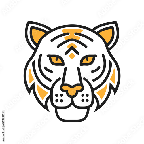 Stylized tiger head icon with orange and black details, bold lines and minimalistic design