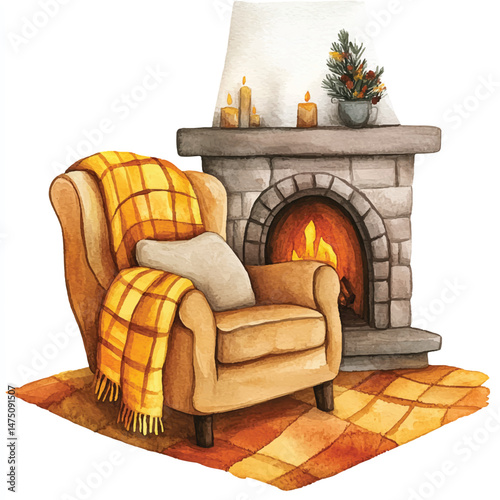 Cute cartoon watercolor A cozy blanket draped 