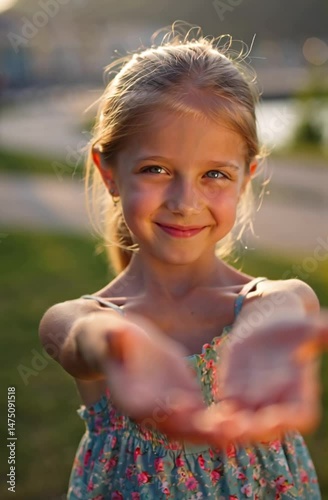 Portrait of a girl giving a welcome gesture with confident and smiling face
