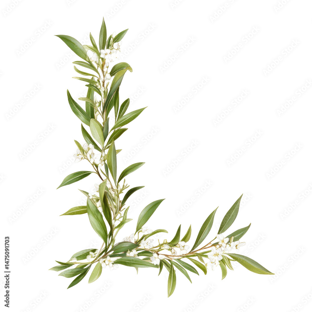 Fototapeta premium L-Shaped Floral Arrangement With Green Leaves And White Flowers On Transparent Background