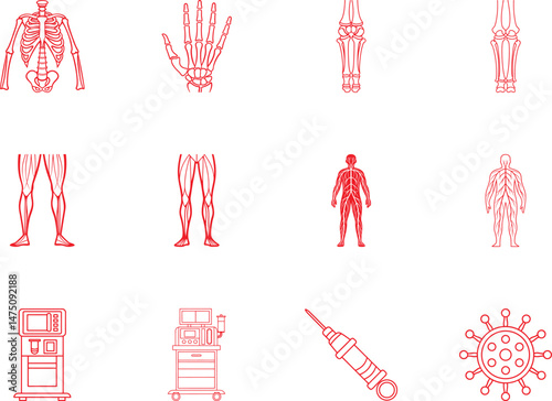 Medical devices and human anatomical diagrams are shown in red outline on white background