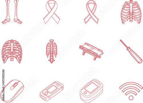 Red outlines form an isometric arrangement showing diverse medical and technological elements on transparent background