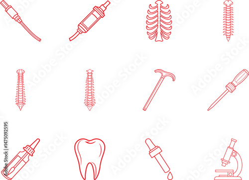 Red outline depicts medical items including a microscope, rib cage, spine and tooth