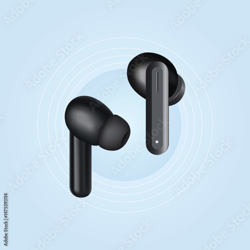 Modern Black Wireless Earbuds Isolated on Blue Background, Realistic Vector Illustration, 3d Render of tws isolated, wireless earphones, Wireless Stereo, Modern Black Wireless Earbuds with Charging.