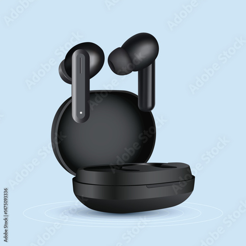 Realistic Wireless Earbuds with Charging Case on Blue Background, Modern Black Wireless Earbuds with Charging Dock, Vector Illustration, 3d Render of tws isolated, wireless earphones, Wireless Stereo.