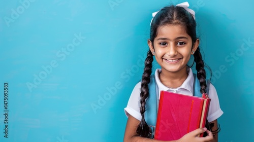 An Indian young schoolgirl is holding two books and smiling on blue background