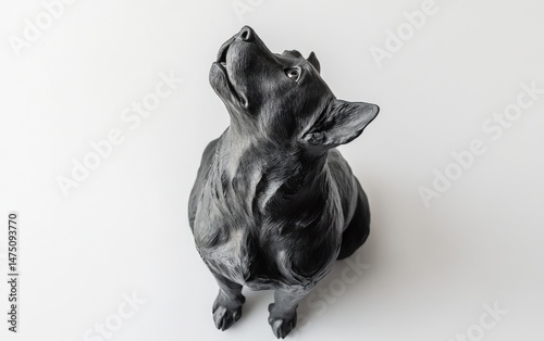 Black dog sculpture, looking upward. Detailed carving, seated posture