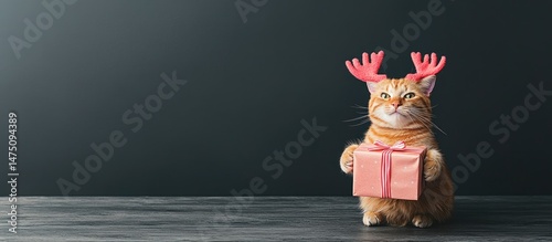 A ginger cat wearing reindeer antlers holds a pink gift box