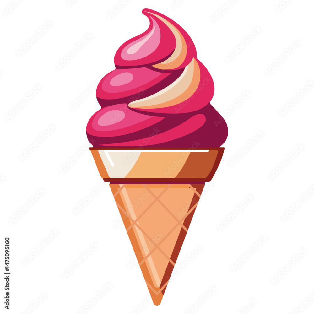Vector illustration of soft serve ice cream in a waffle cone. Swirled pink and cream dessert with glossy highlights. Isolated on white background. Perfect for menu, packaging, and summer design.