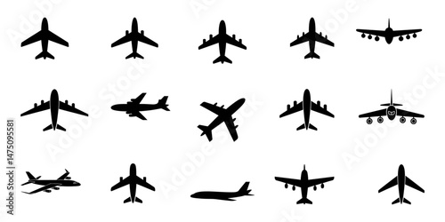 black silhouettes of airplanes vector illustration, planes silhouette set, airplanes set silhouette vector illustration, A set of a black airplane silhouette, Set of plane take off flying silhouette.