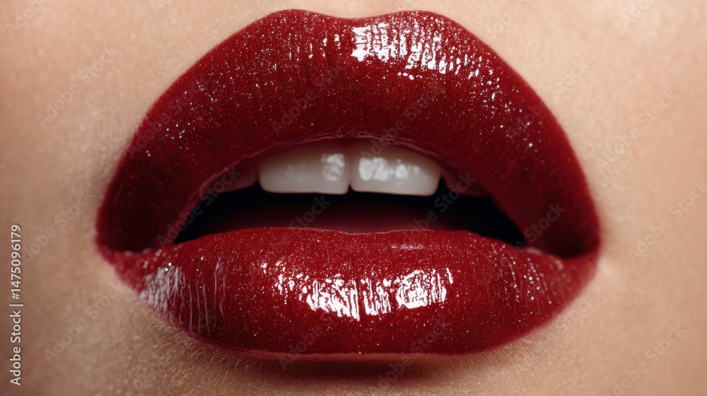 Fototapeta premium Close-up of Woman's Lips with Glossy Red Lipstick Applying Makeup for Beauty and Fashion Editorial Shot