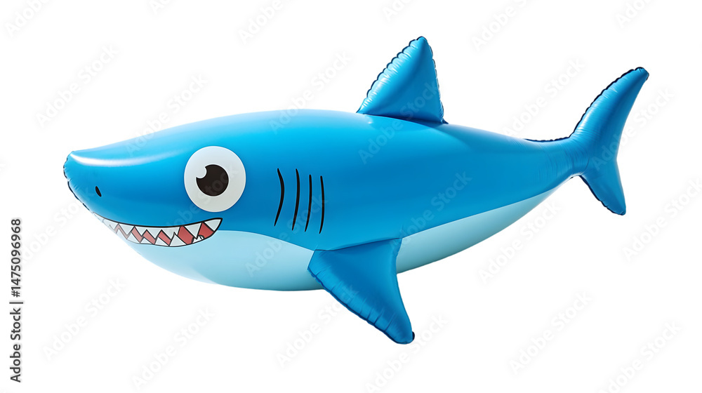 Fototapeta premium Blue inflatable cartoon shark toy with white belly and smiling expression