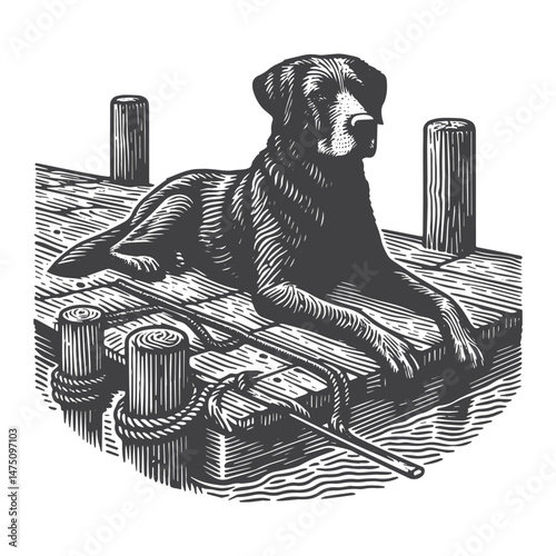 Vintage Hand-Drawn Dock with Dog Illustration – Coastal Scene Engraved Style Vector for T-Shirts, Posters, Stickers, and Nautical Themes Apparel