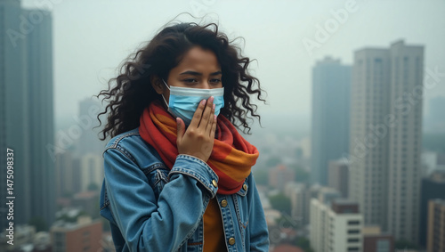 A woman wearing a mask with cityscape in the background, indicating concerns about air quality or environmental issues. The woman is showing signs of discomfort, possibly due to the air