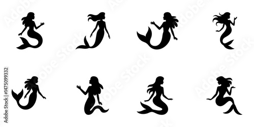 Mermaid vector set, Elegant Mermaids, set of vector icon mermaid silhouette, elegant mermaid head silhouette icon set against a clean white background, A set of mermaid silhouettes vector, mermaid.