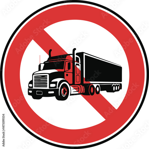No Truck Sign black silhouette with cargo trailer and red slash, emphasizing traffic control and safety in a minimalist vector style