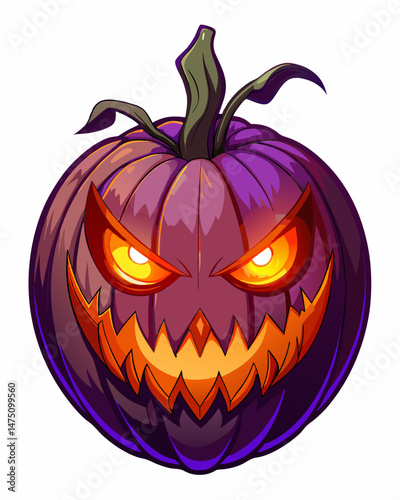 Evil Purple Halloween Pumpkin Jack O Lantern Glowing Eyes Scary Face Illustration