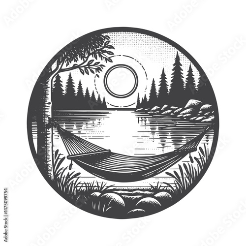Vintage Hand-Drawn Lake View with Hammock Illustration – Nature Engraved Style Vector for T-Shirts, Posters, Stickers, and Outdoor Adventure Themes Apparel