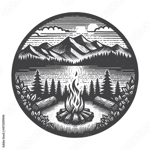Vintage Hand-Drawn Lake View with Campfire Illustration – Nature Engraved Style Vector for T-Shirts, Posters, Stickers, and Outdoor Adventure Themes Apparel