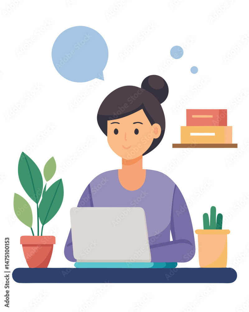 Young Woman Working on Laptop at Home Office Desk with Plants Young Woman Working on Laptop at Home Office Desk with Plants