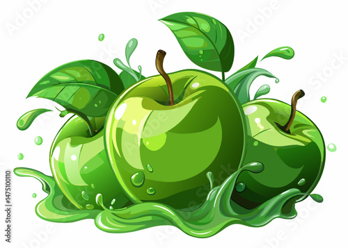 Three Juicy Green Apples with Splashing Liquid and Leaves