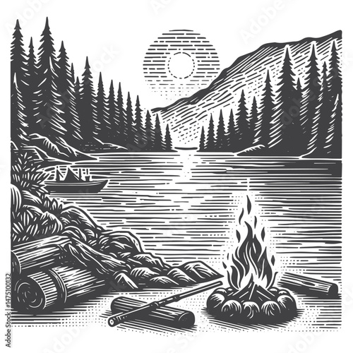 Vintage Hand-Drawn Lake View with Campfire Illustration – Nature Engraved Style Vector for T-Shirts, Posters, Stickers, and Outdoor Adventure Themes Apparel