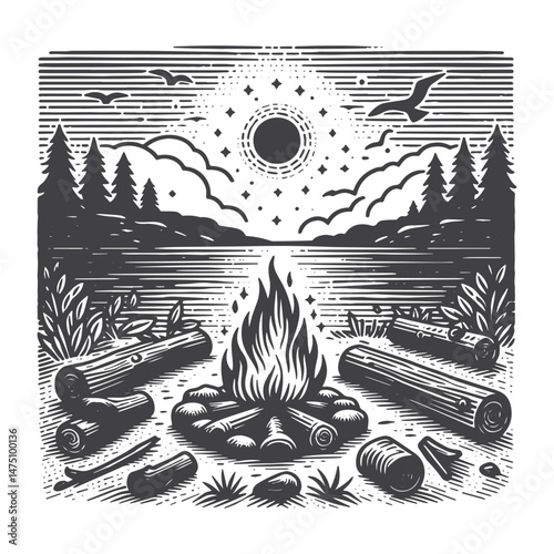 Vintage Hand-Drawn Lake View with Campfire Illustration – Nature Engraved Style Vector for T-Shirts, Posters, Stickers, and Outdoor Adventure Themes Apparel