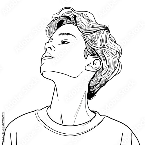 Line art portrait of a confident young person for creative projects and personal branding, copy space