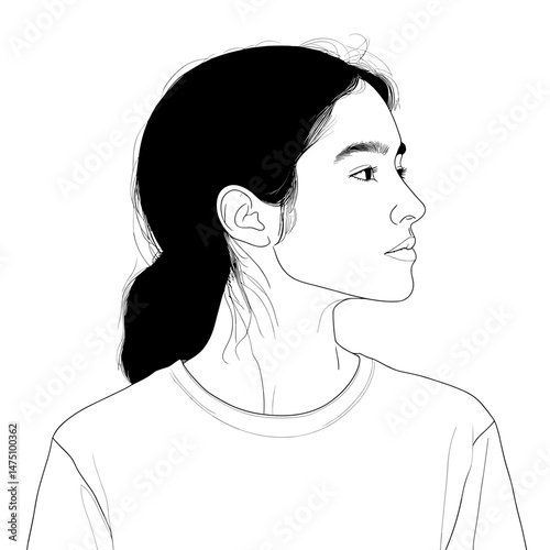 Line art profile portrait of a young woman for art projects and branding, copy space