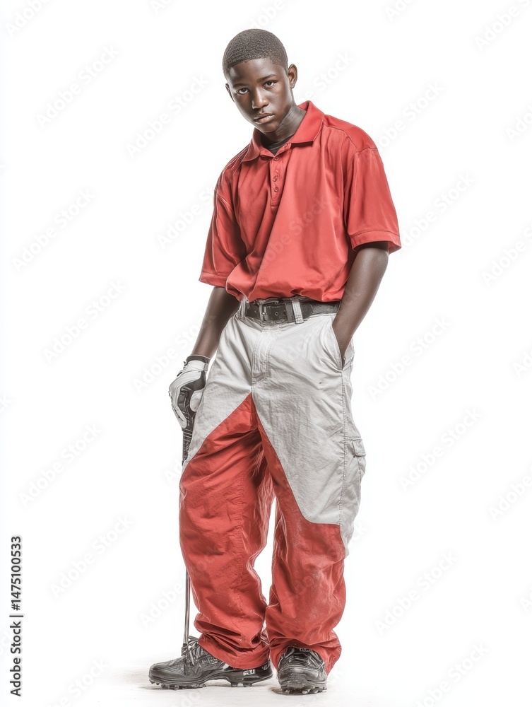 Teen golf player posing coolly with one hand in pocket and club in the other Teen golf player posing coolly with one hand in pocket and club in the other