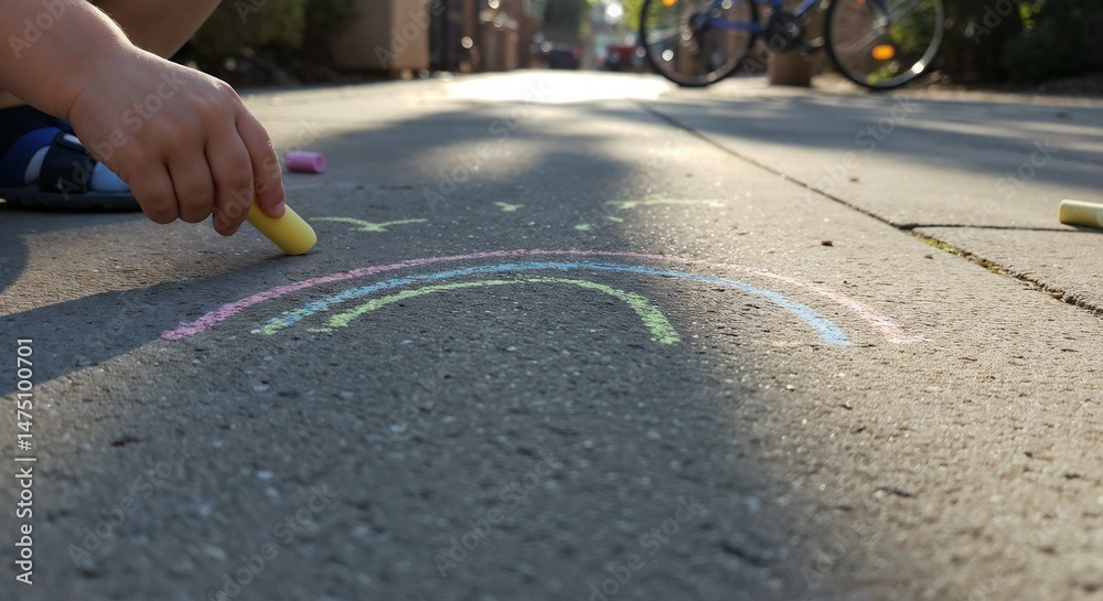 Child's hand drawing a rainbow with chalk on pavement during sunset