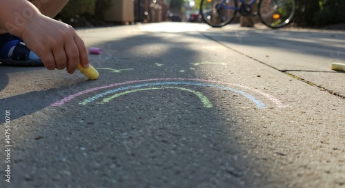 Obraz na płótnie Child's hand drawing a rainbow with chalk on pavement during sunset w salonie