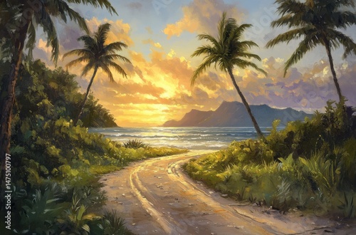 Peaceful road along a tropical beach, golden light of sunset