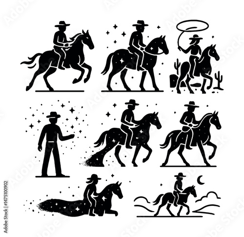 Magical cowboy silhouettes icons set – simple, western and rodeo style graphics