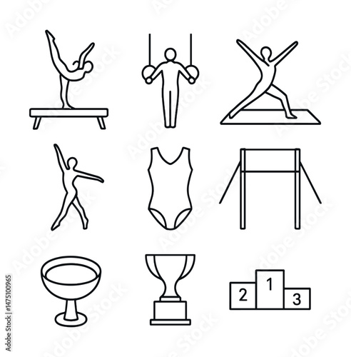 Gymnastics outline icons set – minimalist, athletic fitness and sport symbols