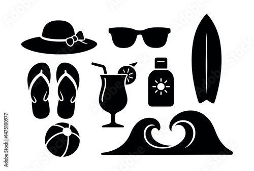 Summer beach essentials icons set – silhouette, vacation and sun symbols for design