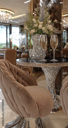 Luxury dining area with crystal accents, champagne flutes, and plush seating.  Details include a round table with a crystal base, elegant chairs, and a vase of flowers